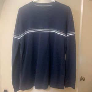 Navy Blue Sweater with Gray & White Horizontal Stripes